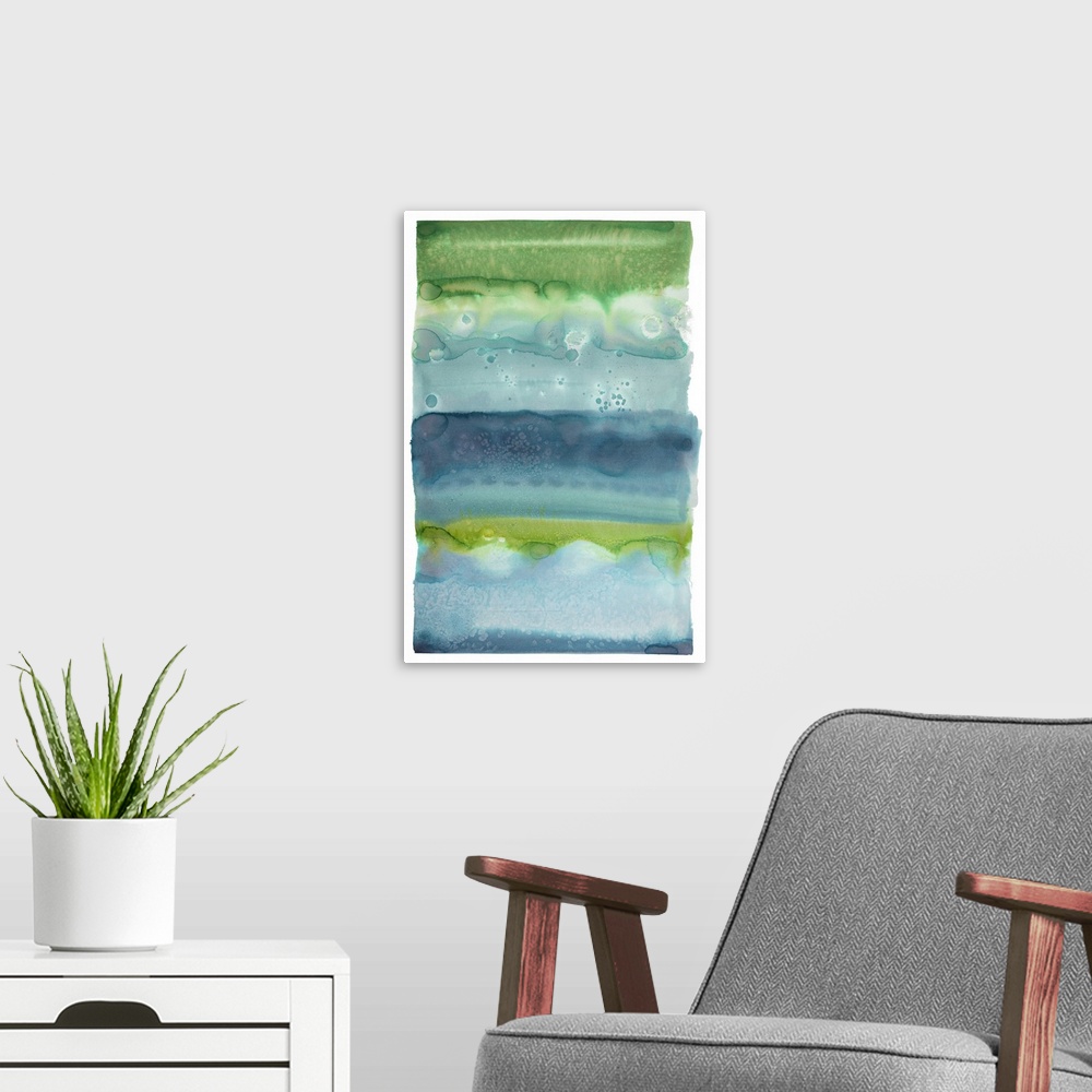 A modern room featuring Blue and green watercolor painting created in layered horizontal sections on a white background.