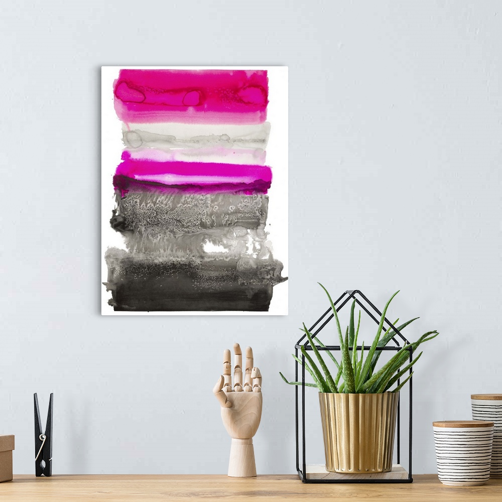 A bohemian room featuring Bright pink, grey, and black watercolor painting created in layered horizontal sections on a whit...