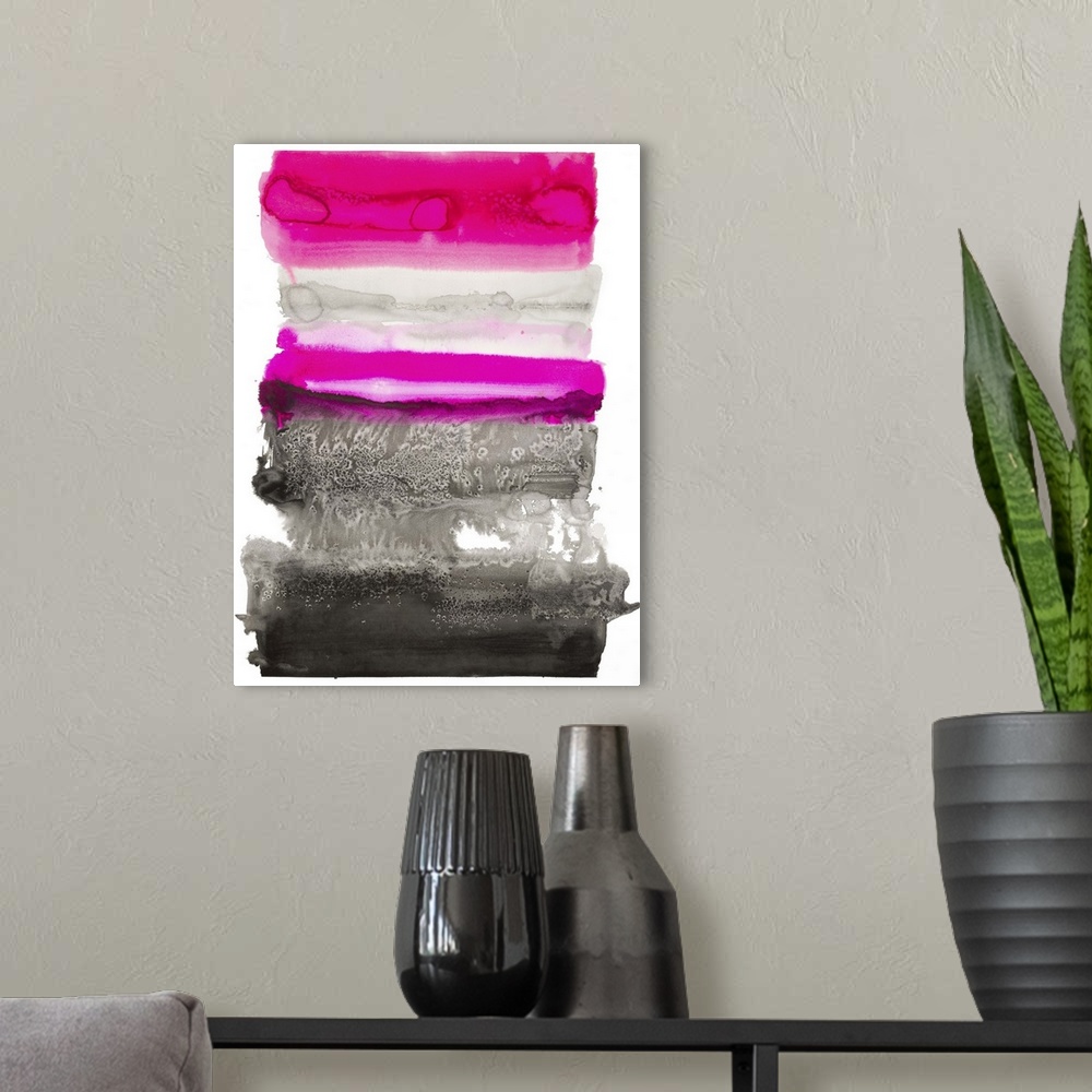 A modern room featuring Bright pink, grey, and black watercolor painting created in layered horizontal sections on a whit...