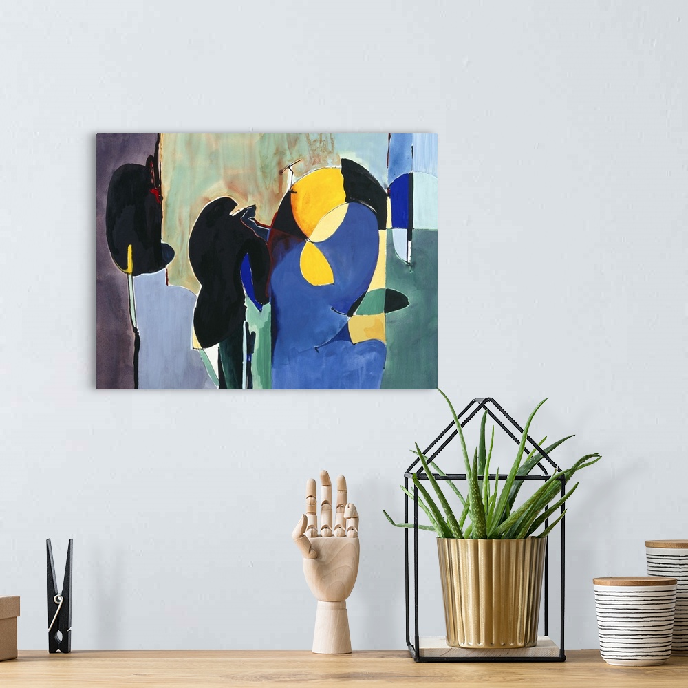 A bohemian room featuring A contemporary colorful abstract painting using geometric and organic shapes.