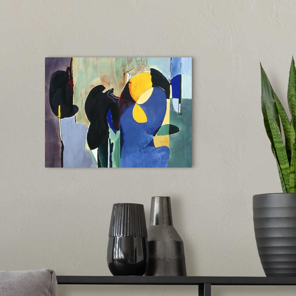 A modern room featuring A contemporary colorful abstract painting using geometric and organic shapes.