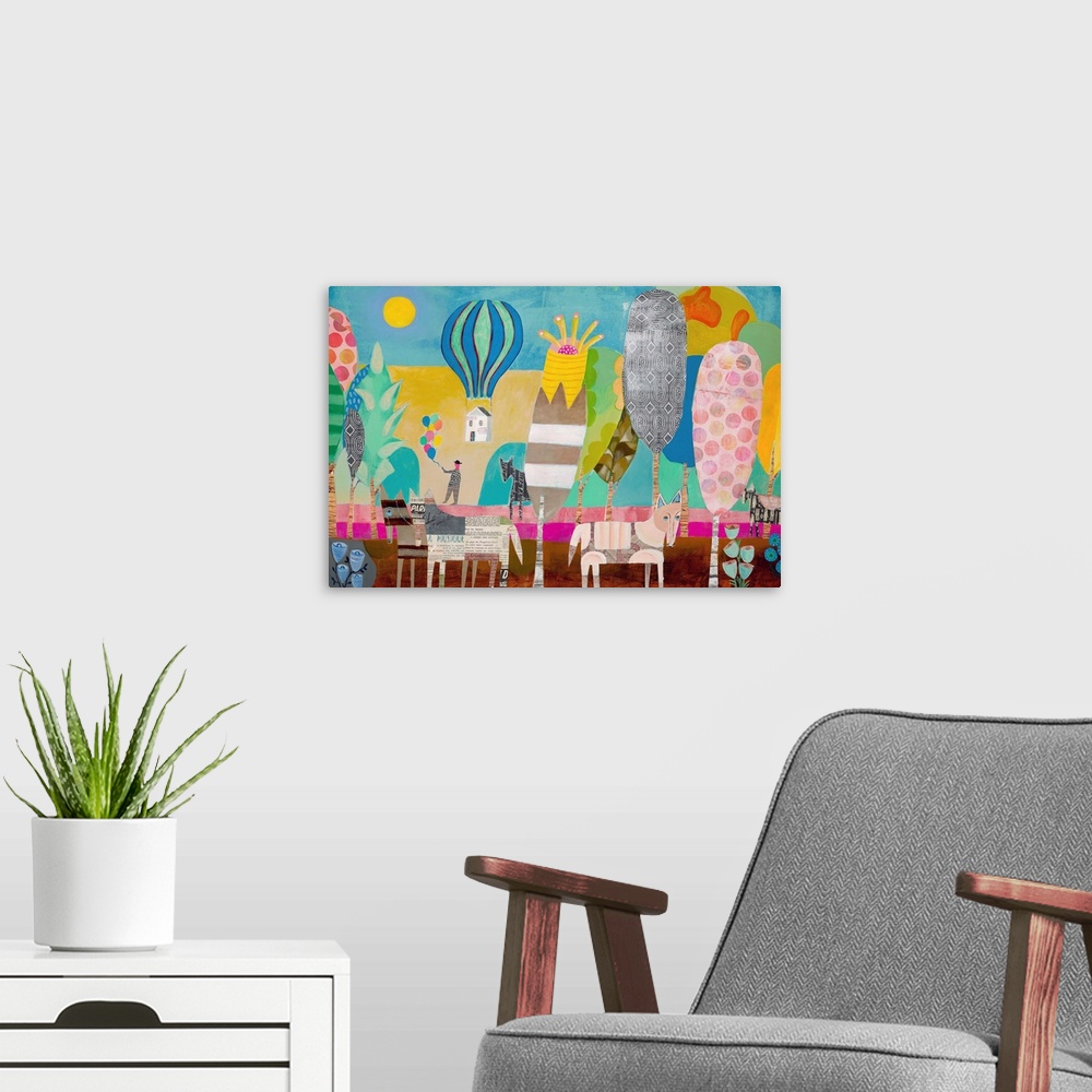 A modern room featuring Whimsical collage art perfect for a child's room or nursery.