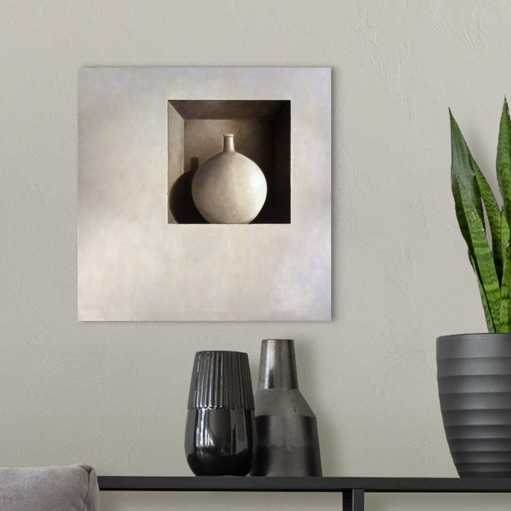 A modern room featuring Contemporary still life painting of a white vase sitting in a square hole in the wall.