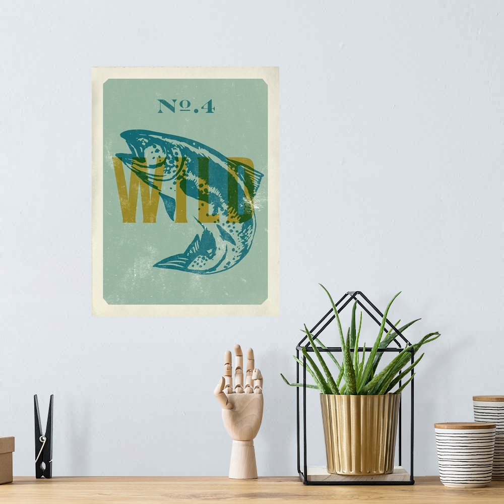 A bohemian room featuring Retro mid-century stylized poster art for wild trout fishing.