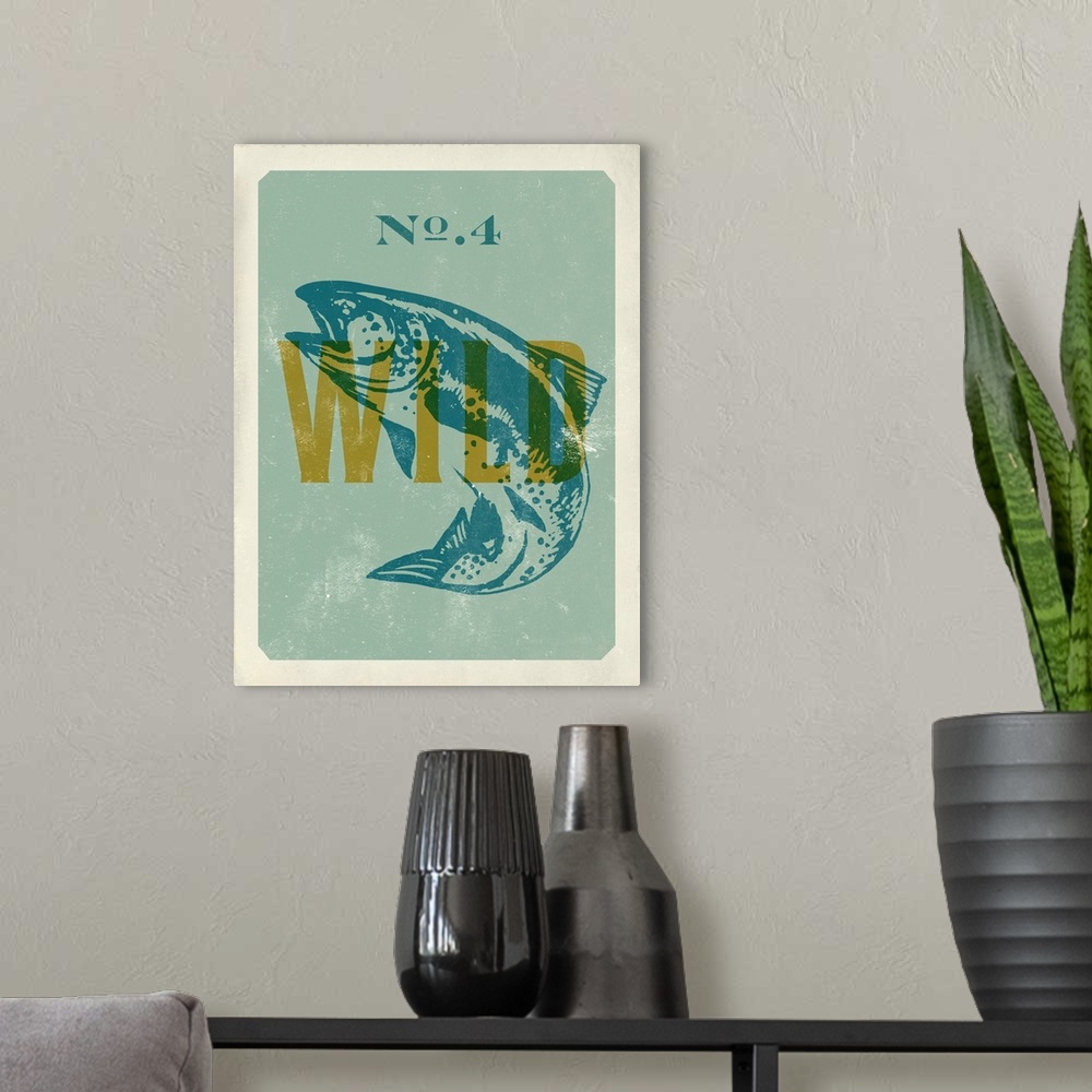 A modern room featuring Retro mid-century stylized poster art for wild trout fishing.