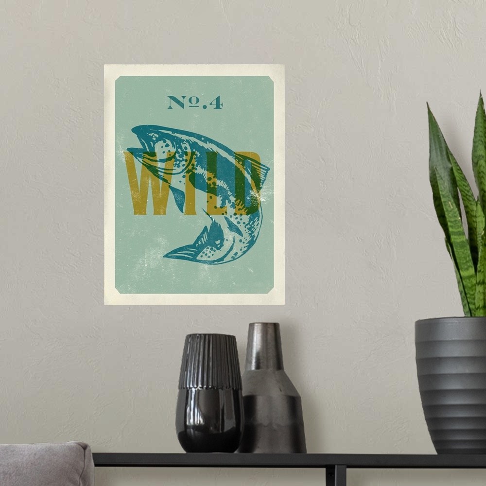 A modern room featuring Retro mid-century stylized poster art for wild trout fishing.