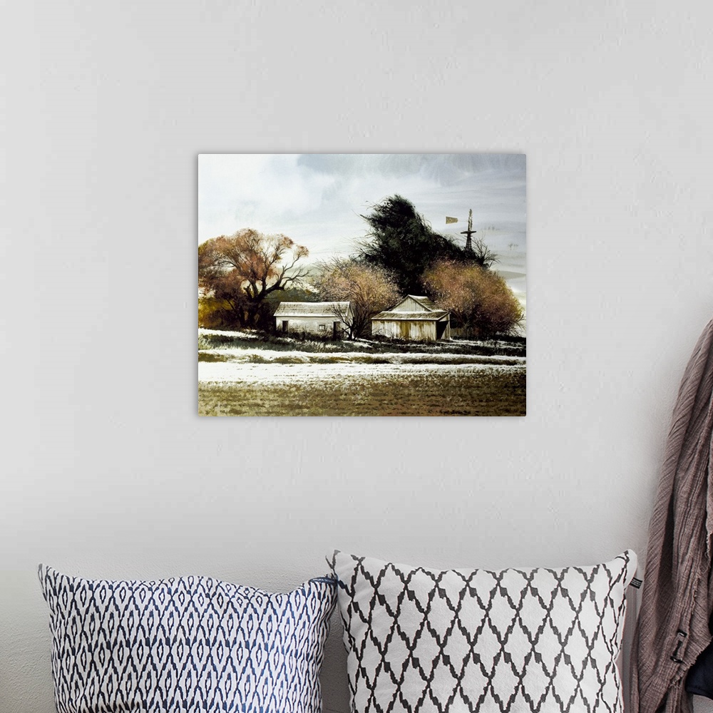 A bohemian room featuring Contemporary painting of a rural landscape with white barns and a snow covered field.