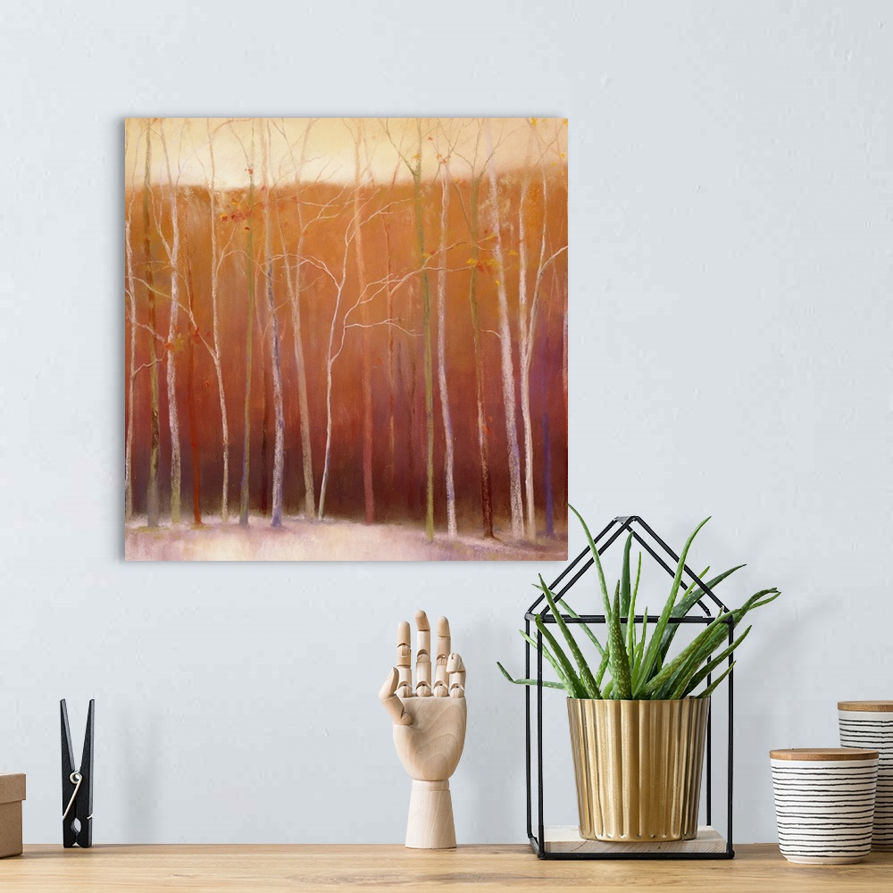 A bohemian room featuring Square painting on canvas of bare trees in winter.
