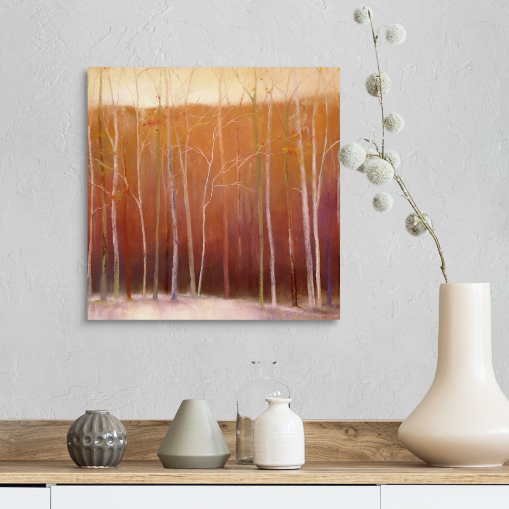 A farmhouse room featuring Square painting on canvas of bare trees in winter.