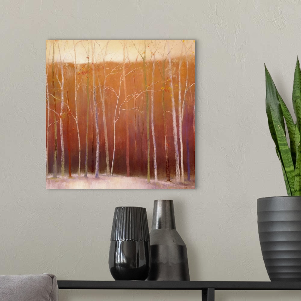 A modern room featuring Square painting on canvas of bare trees in winter.
