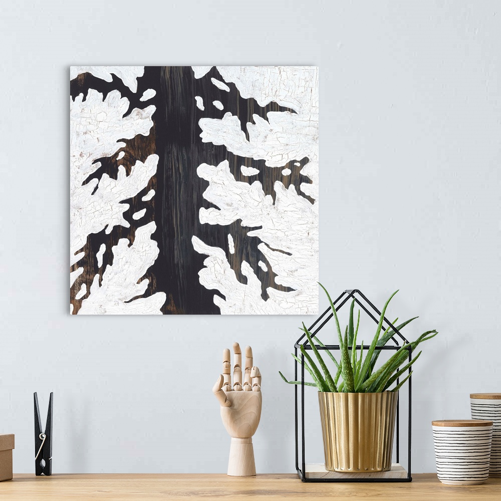A bohemian room featuring A contemporary abstract painting using wood tones in the formation of a tree with spindly branche...