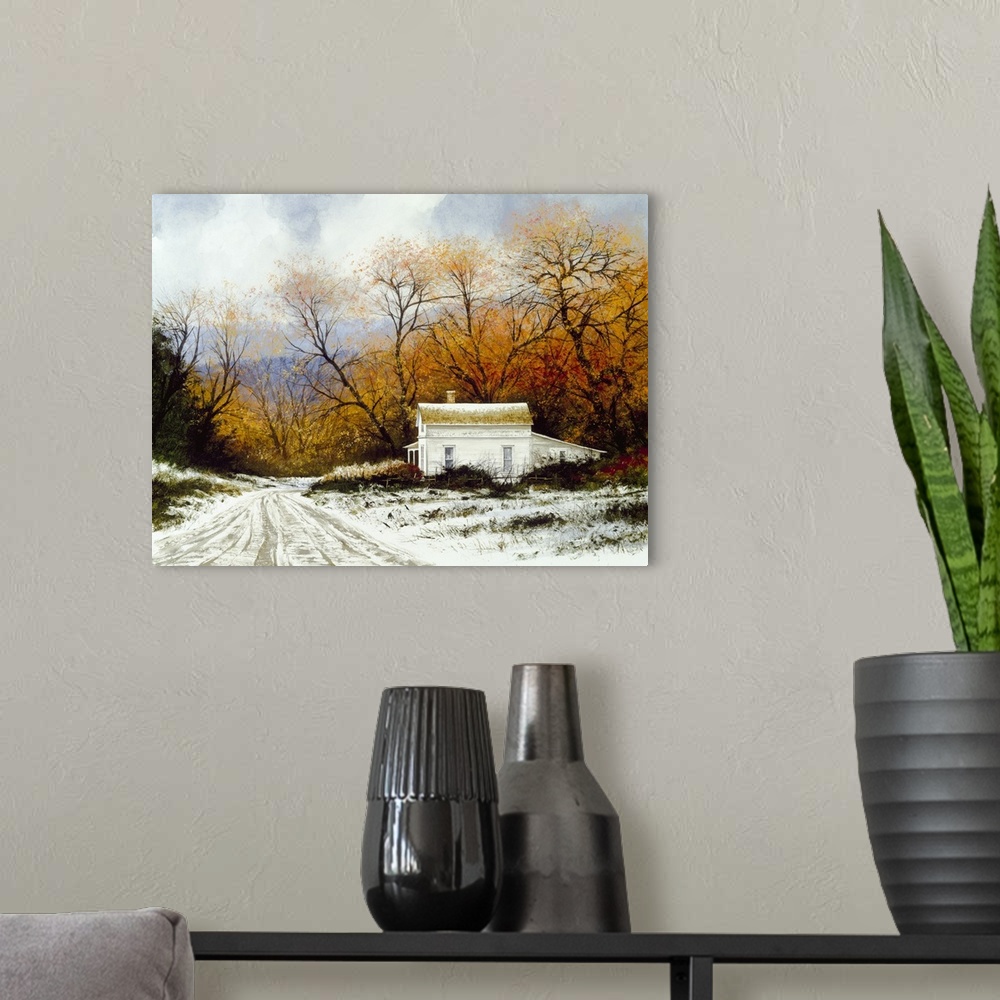 A modern room featuring Contemporary painting of a snow covered road leading to a white Victorian house.