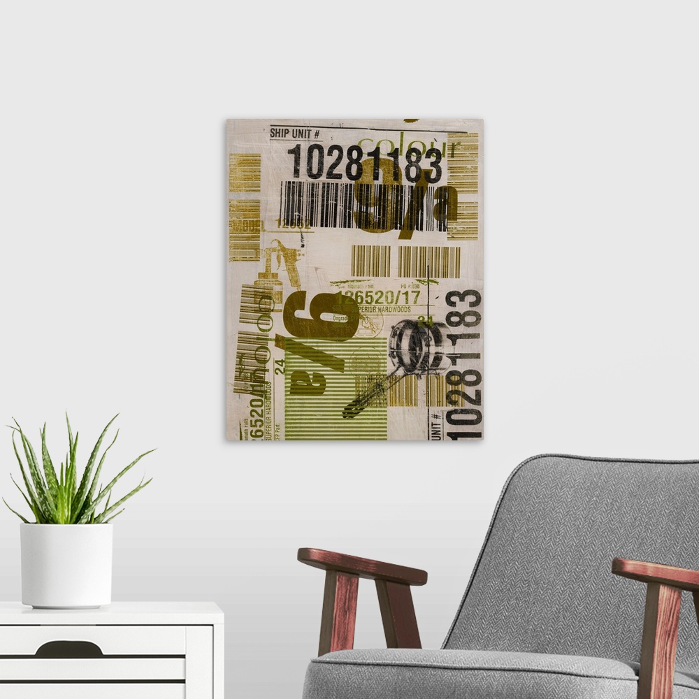A modern room featuring Collage of numbers and bar codes on a neutral background.