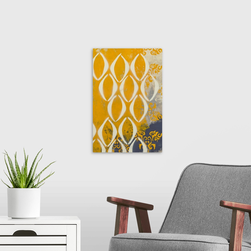 A modern room featuring Contemporary abstract painting created with grey and mustard yellow hues and repeating shapes.