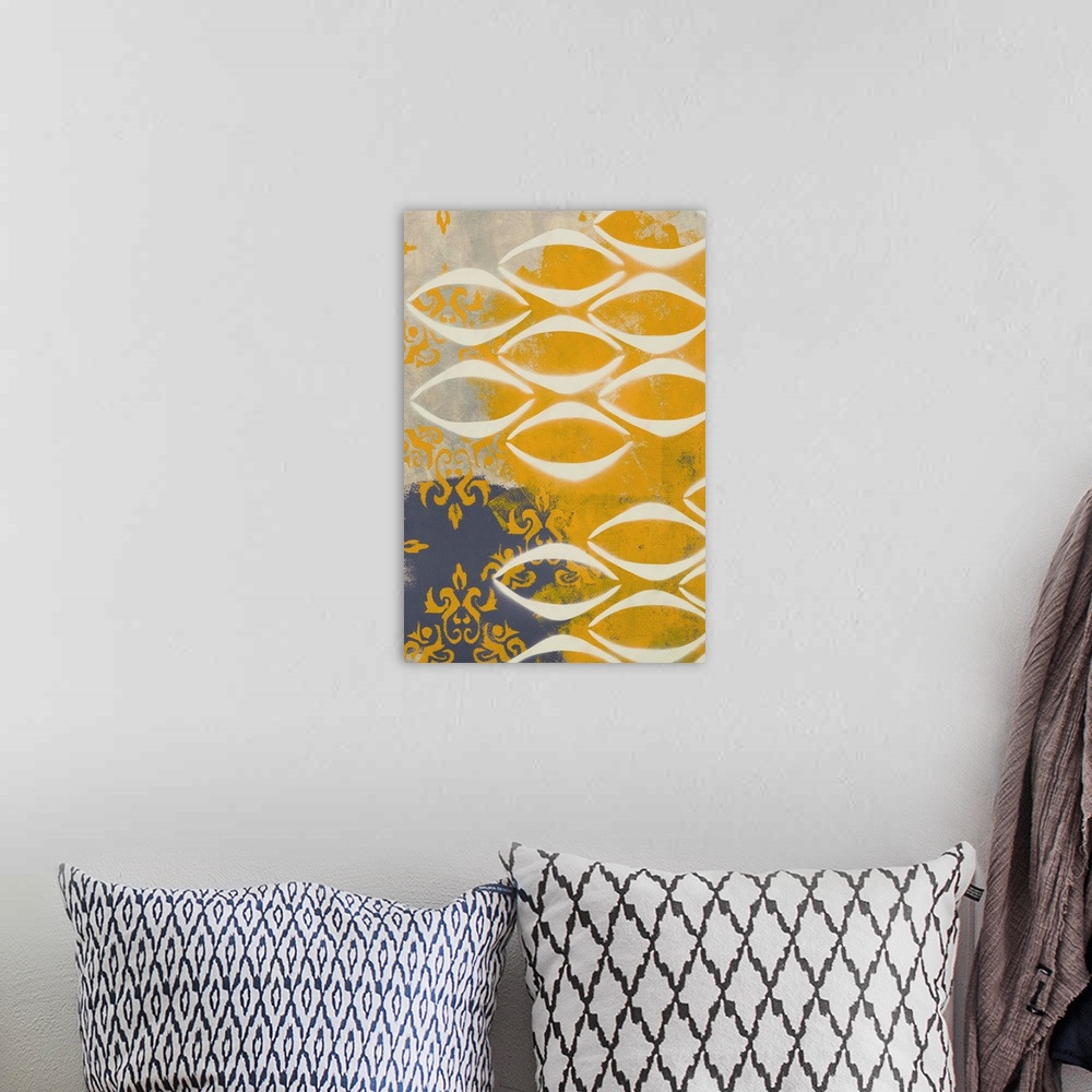 A bohemian room featuring Contemporary abstract painting created with grey and mustard yellow hues and repeating shapes.