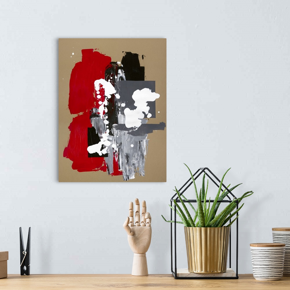 A bohemian room featuring Large abstract painting in beige, black, white, red, and grey.