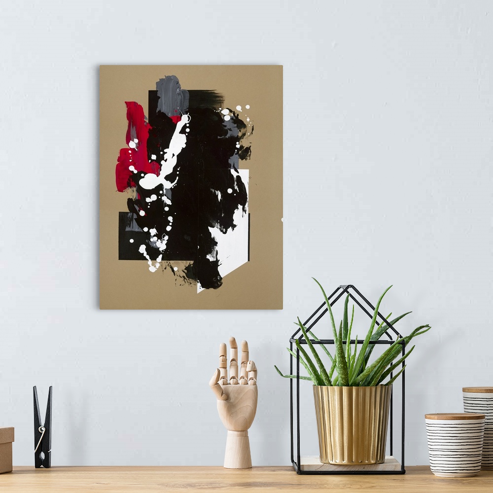 A bohemian room featuring Large abstract painting in beige, black, white, red, and grey.