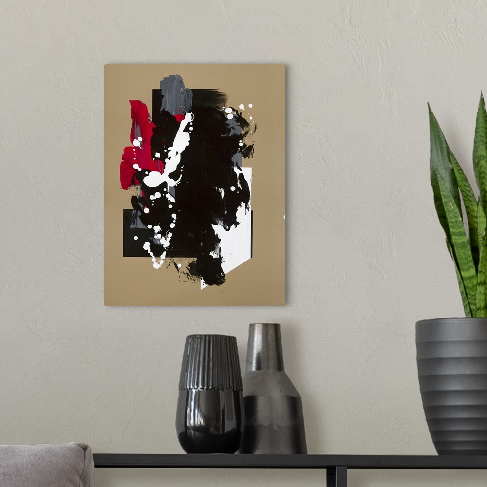 A modern room featuring Large abstract painting in beige, black, white, red, and grey.