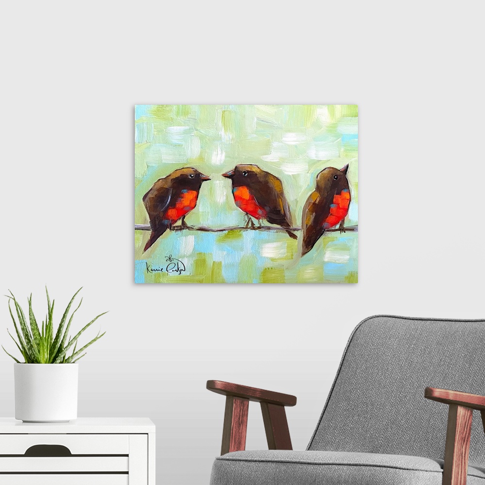 A modern room featuring 3 Robins On A Wire