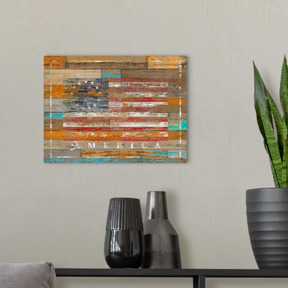 A modern room featuring American Flag