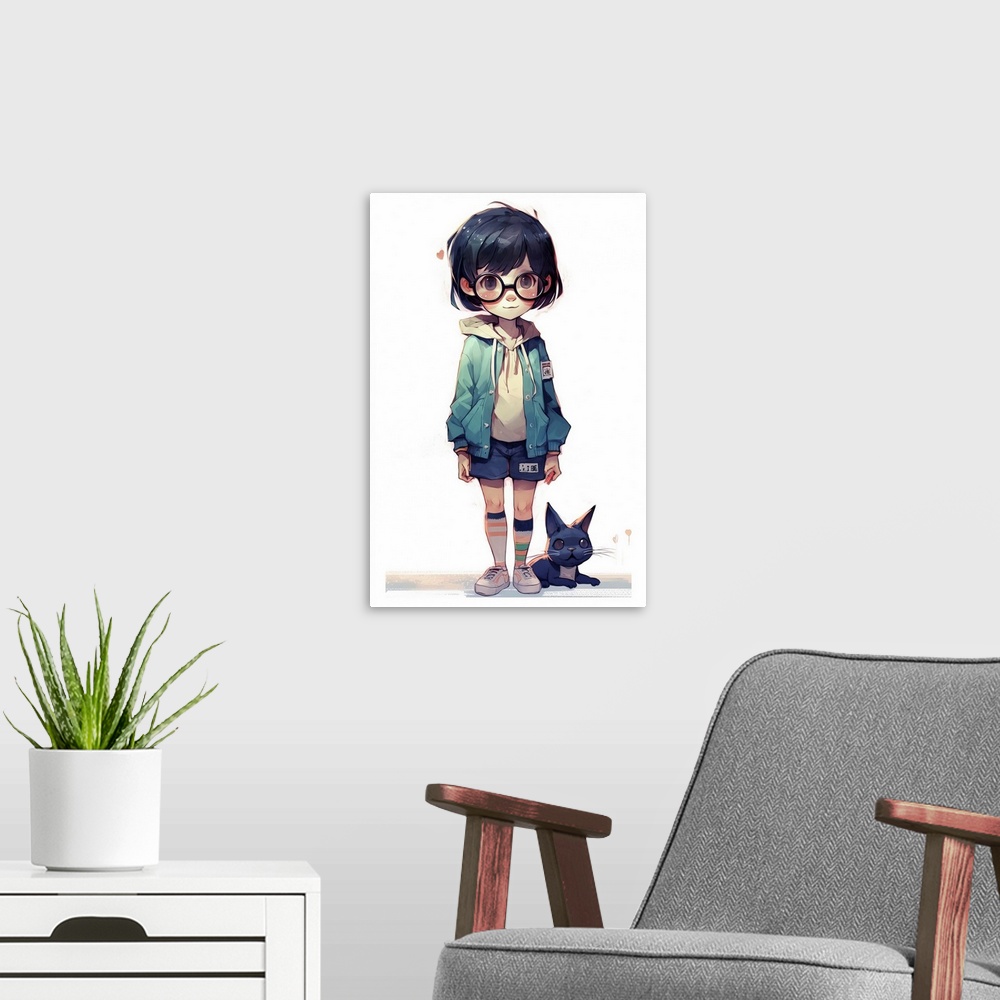 A modern room featuring Anime - Girl And Cat