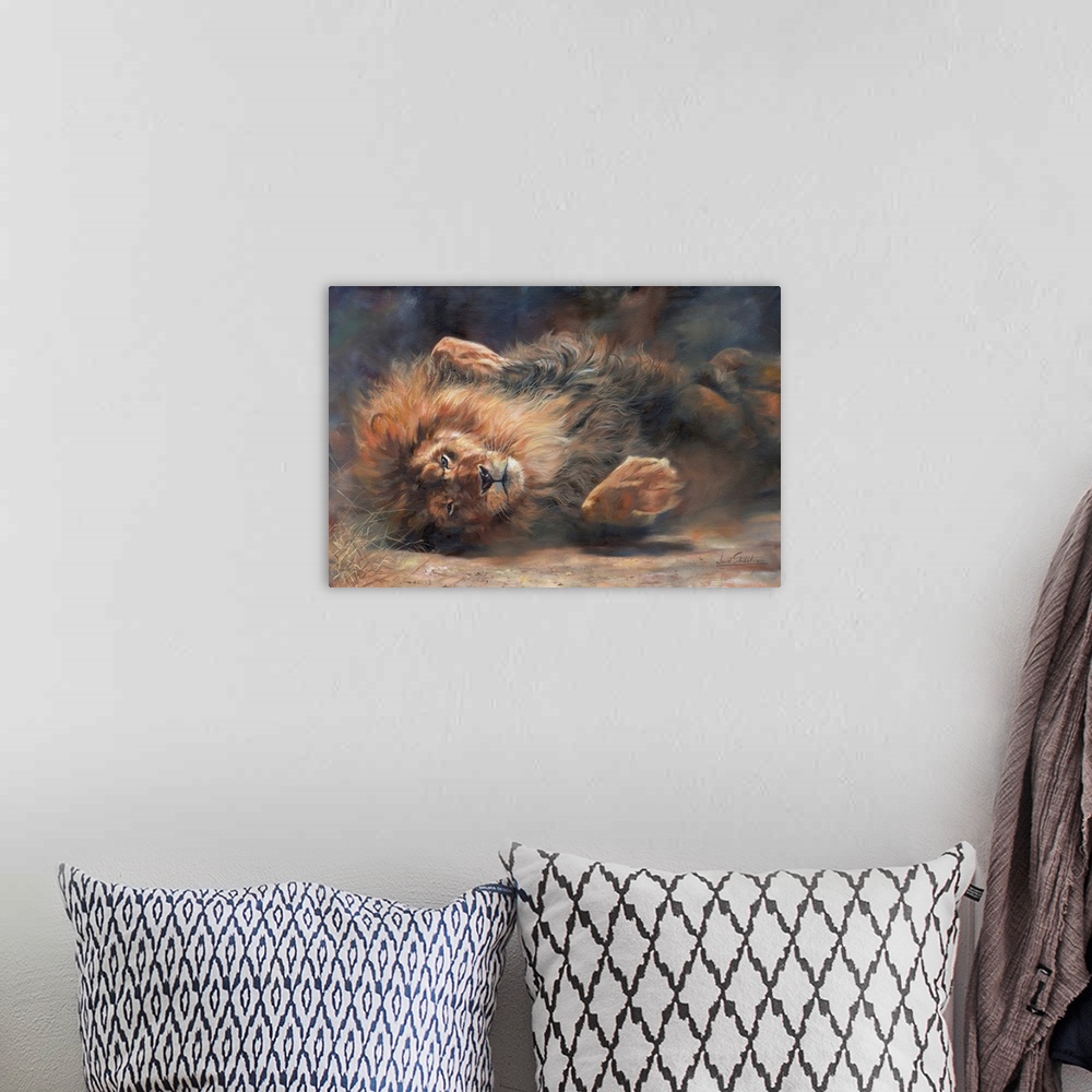 A bohemian room featuring Lion having a dust bath. Originally oil on canvas.