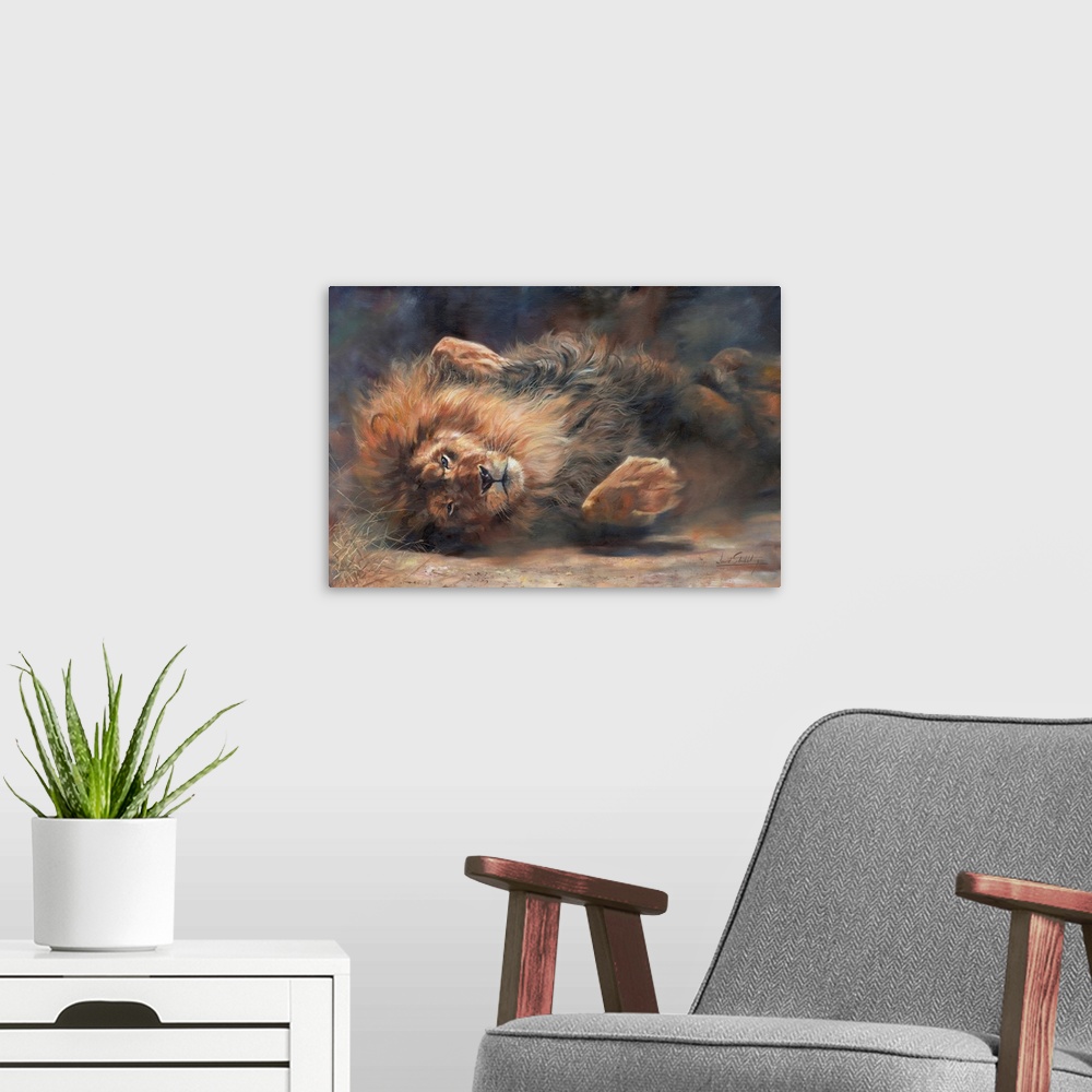 A modern room featuring Lion having a dust bath. Originally oil on canvas.