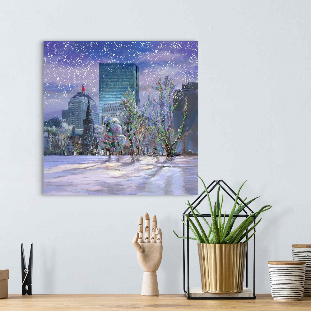 A bohemian room featuring Boston Holiday Skyline