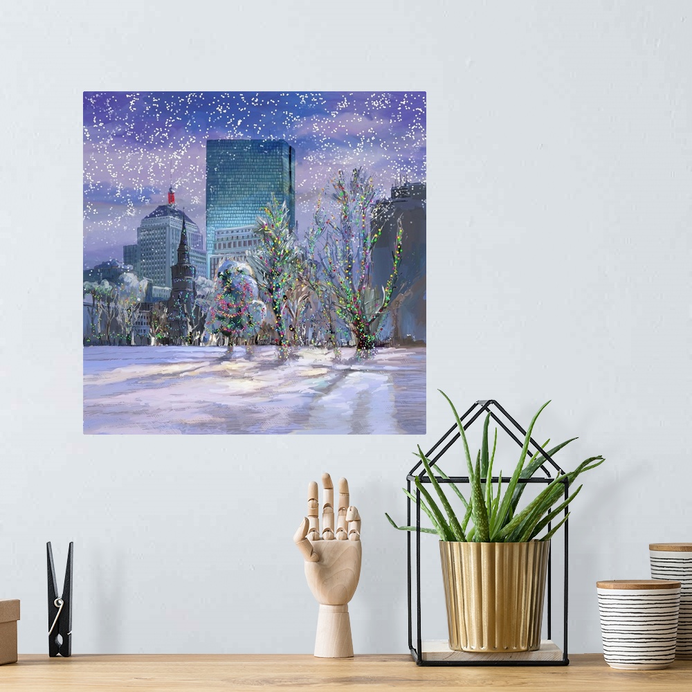 A bohemian room featuring Boston Holiday Skyline