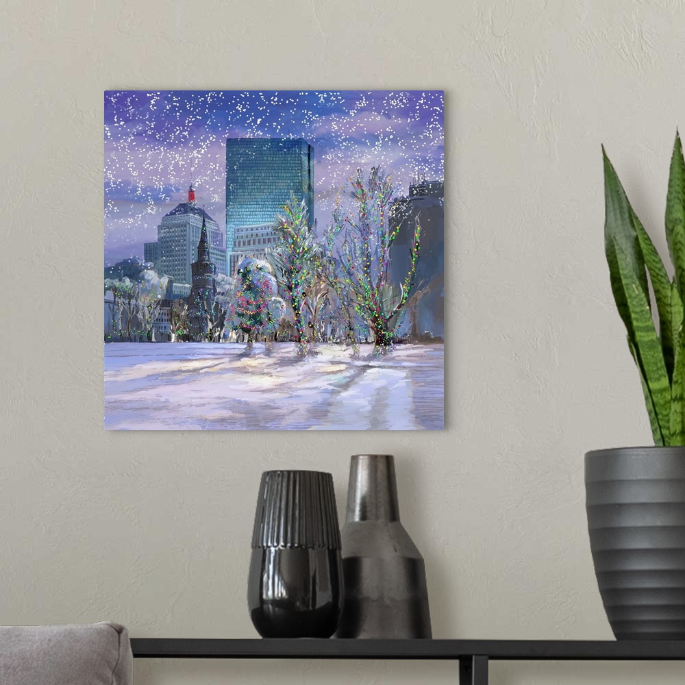 A modern room featuring Boston Holiday Skyline