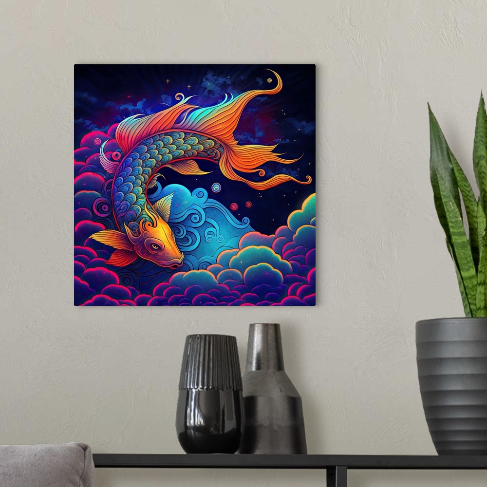 A modern room featuring Clouded Koi Fish I