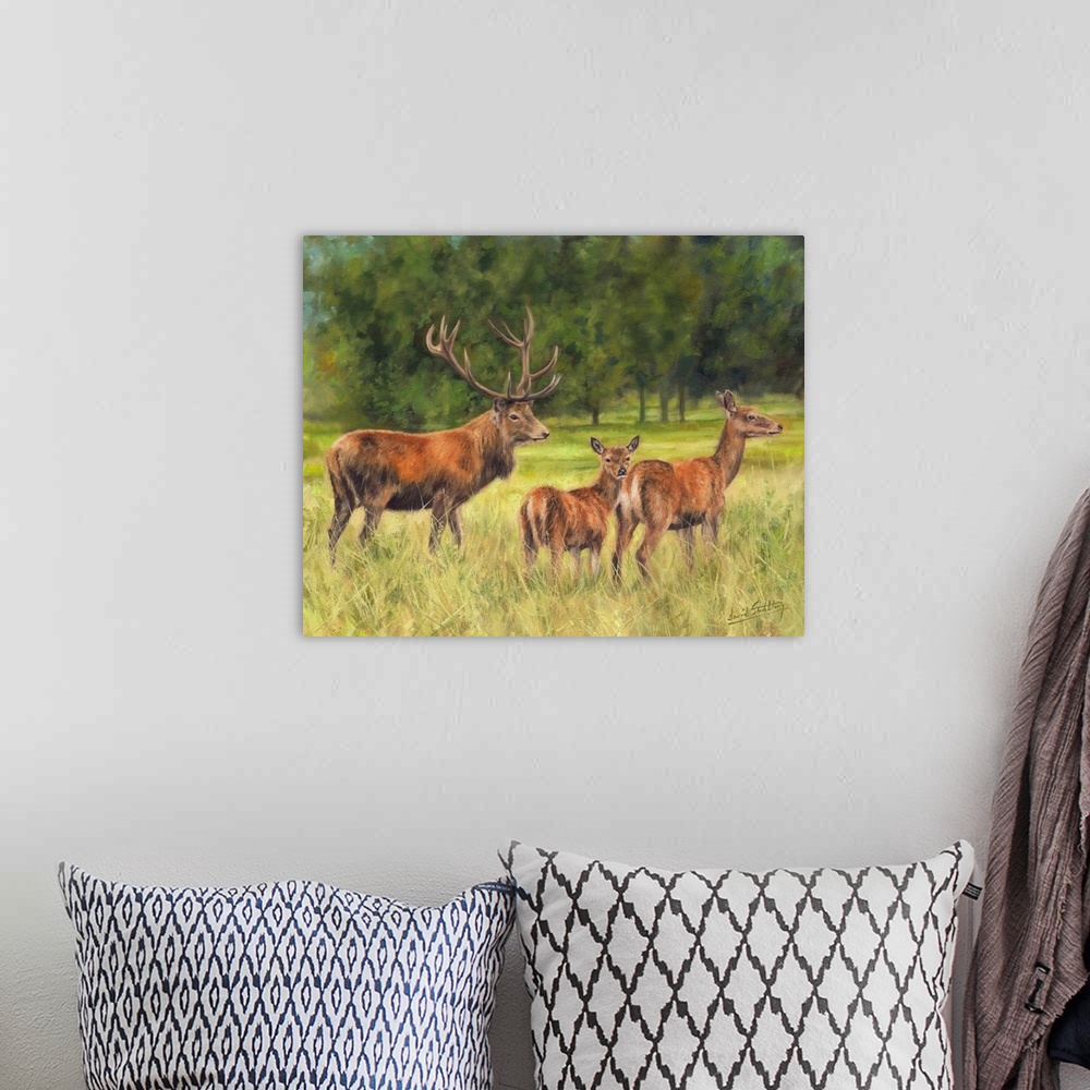 A bohemian room featuring Red Deer Family, originally oil on canvas
