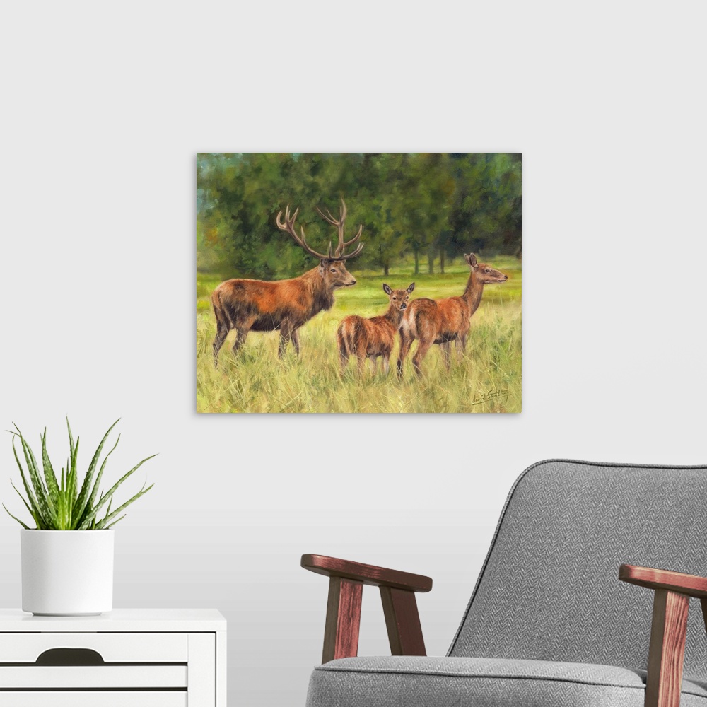 A modern room featuring Red Deer Family, originally oil on canvas