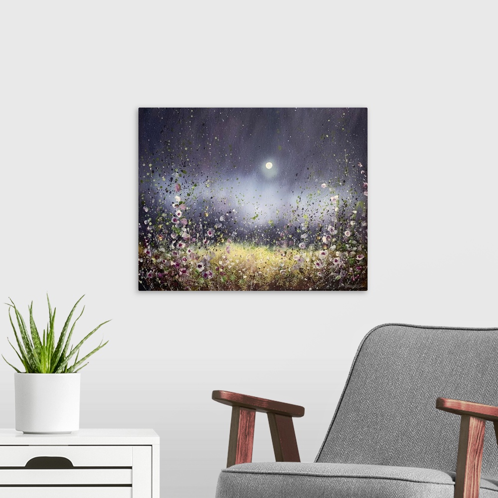 A modern room featuring A transitional style painting of sparse wildflowers under a night sky with a full moon. Painted i...