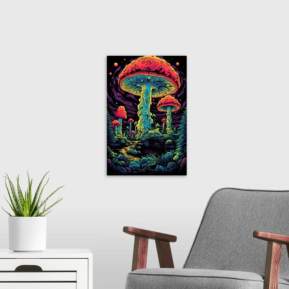A modern room featuring Giant Mushroom Neon Night