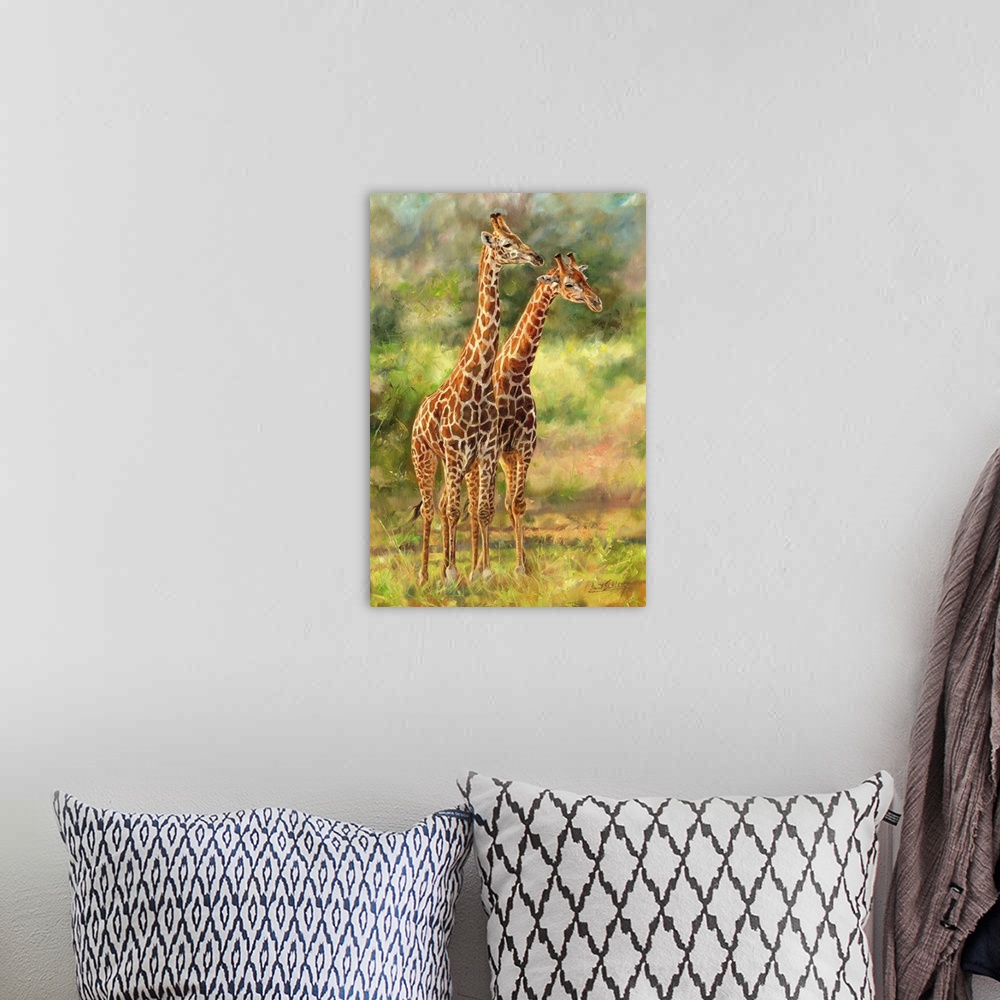 A bohemian room featuring Pair of Giraffes, originally oil on canvas.