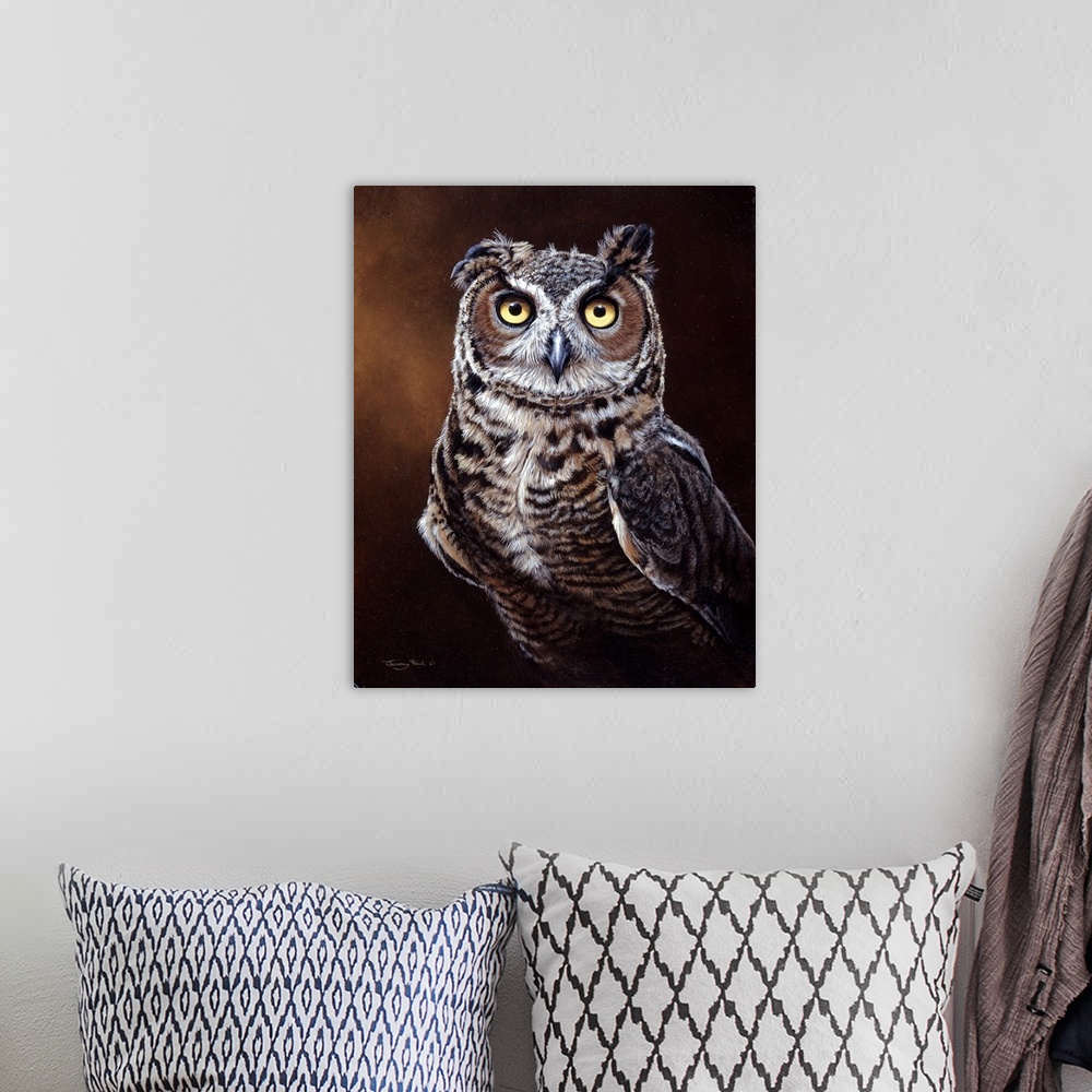 A bohemian room featuring Great Horned Owl