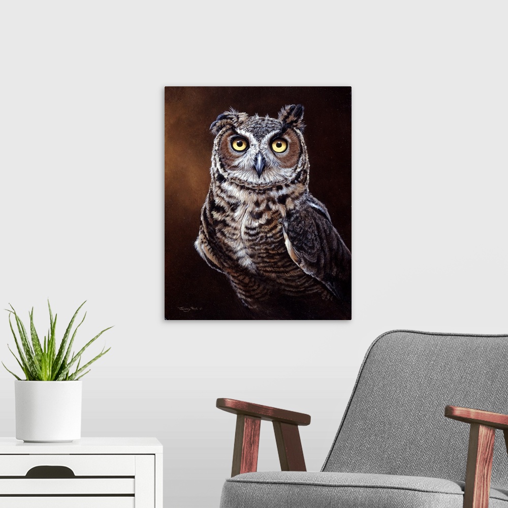 A modern room featuring Great Horned Owl