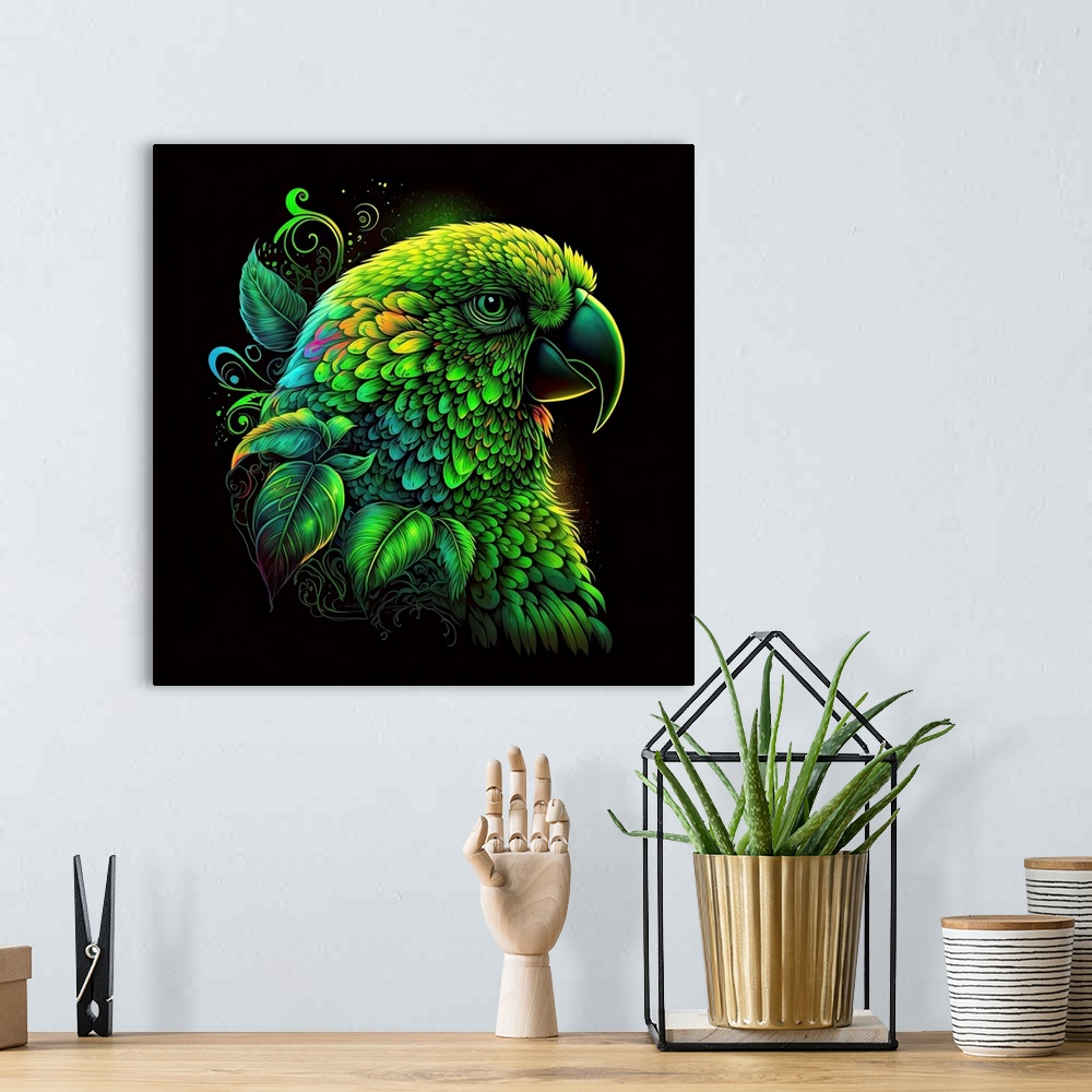 A bohemian room featuring Green Parrot Splosion