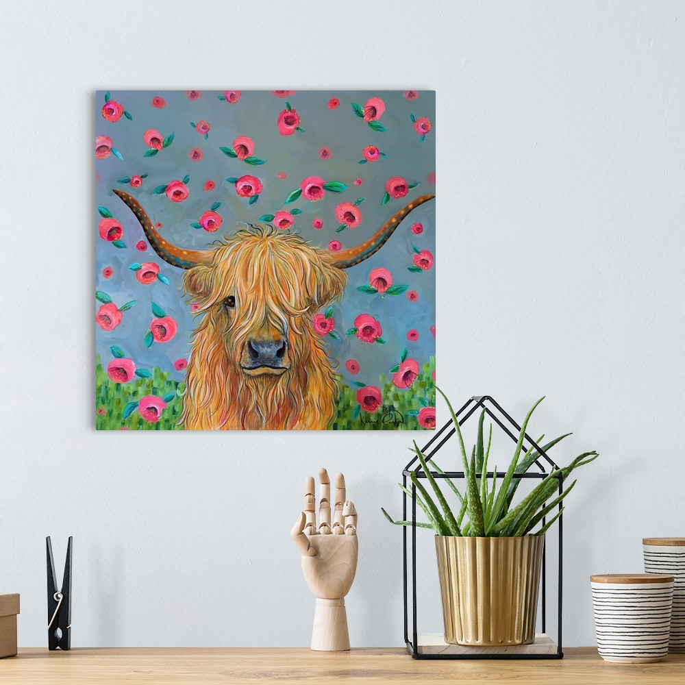 A bohemian room featuring Highland Cow With Flowers