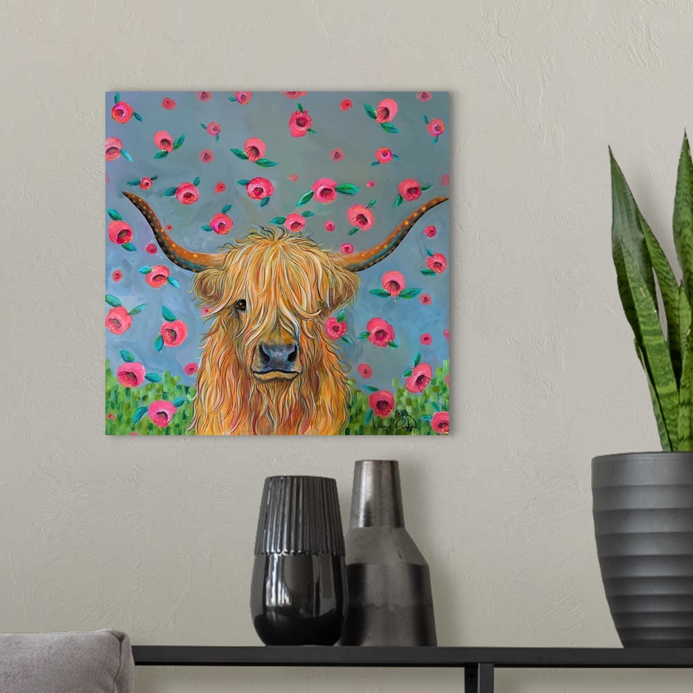 A modern room featuring Highland Cow With Flowers