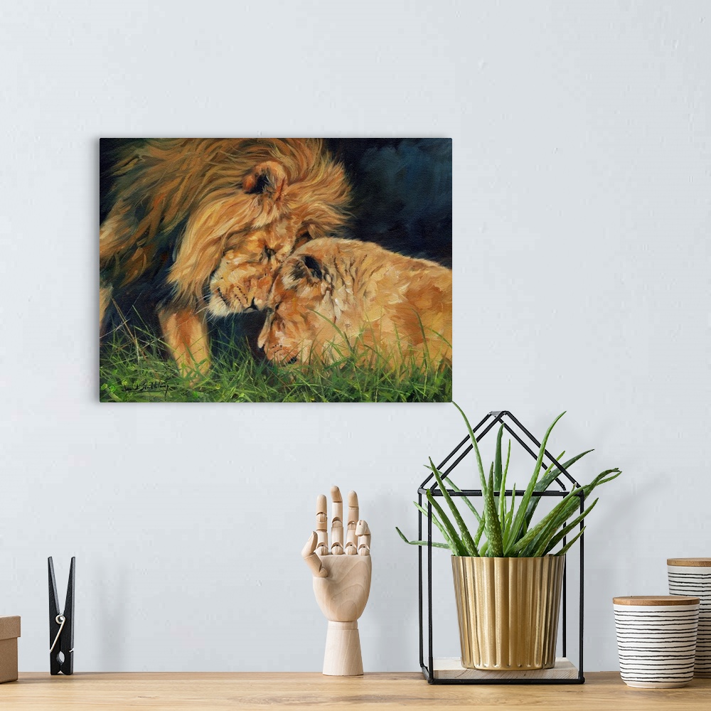 A bohemian room featuring Lion and Lioness sharing a moment. Originally oil on canvas.