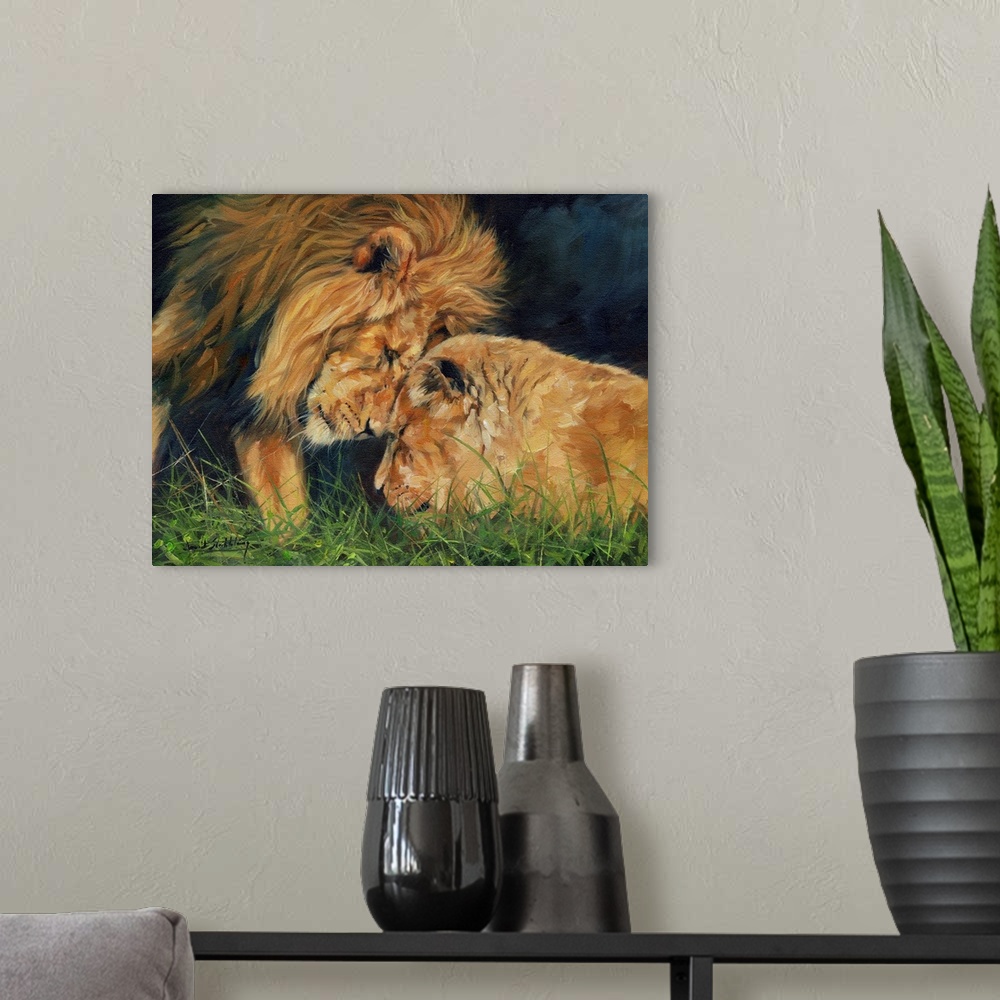 A modern room featuring Lion and Lioness sharing a moment. Originally oil on canvas.