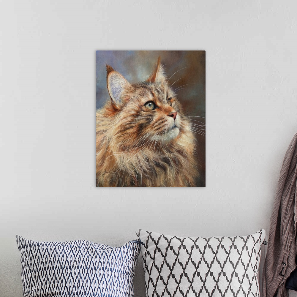 A bohemian room featuring A beautiful Main Coon Cat. Originally oil on canvas.