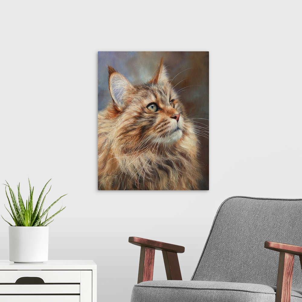 A modern room featuring A beautiful Main Coon Cat. Originally oil on canvas.