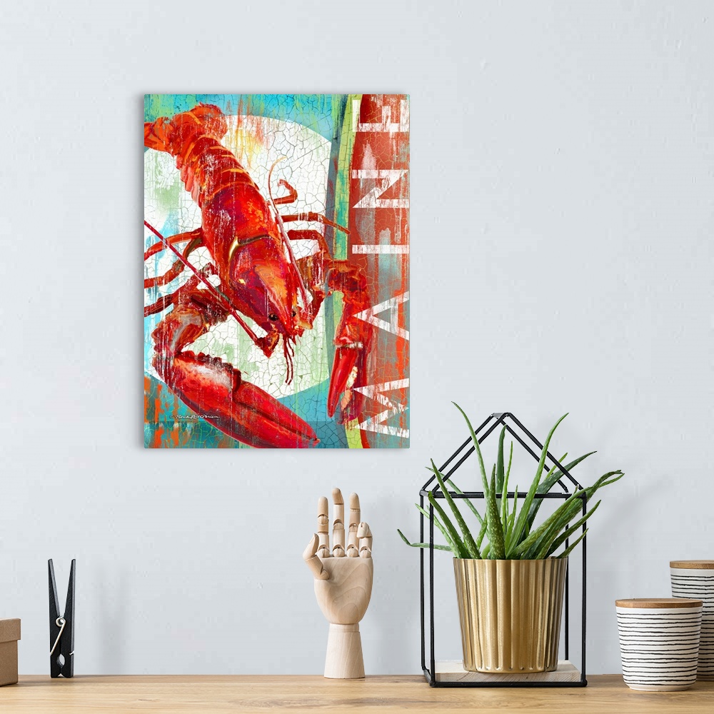 A bohemian room featuring A retro style painting of a cooked lobster on a white plate and the word Maine painted on a verti...