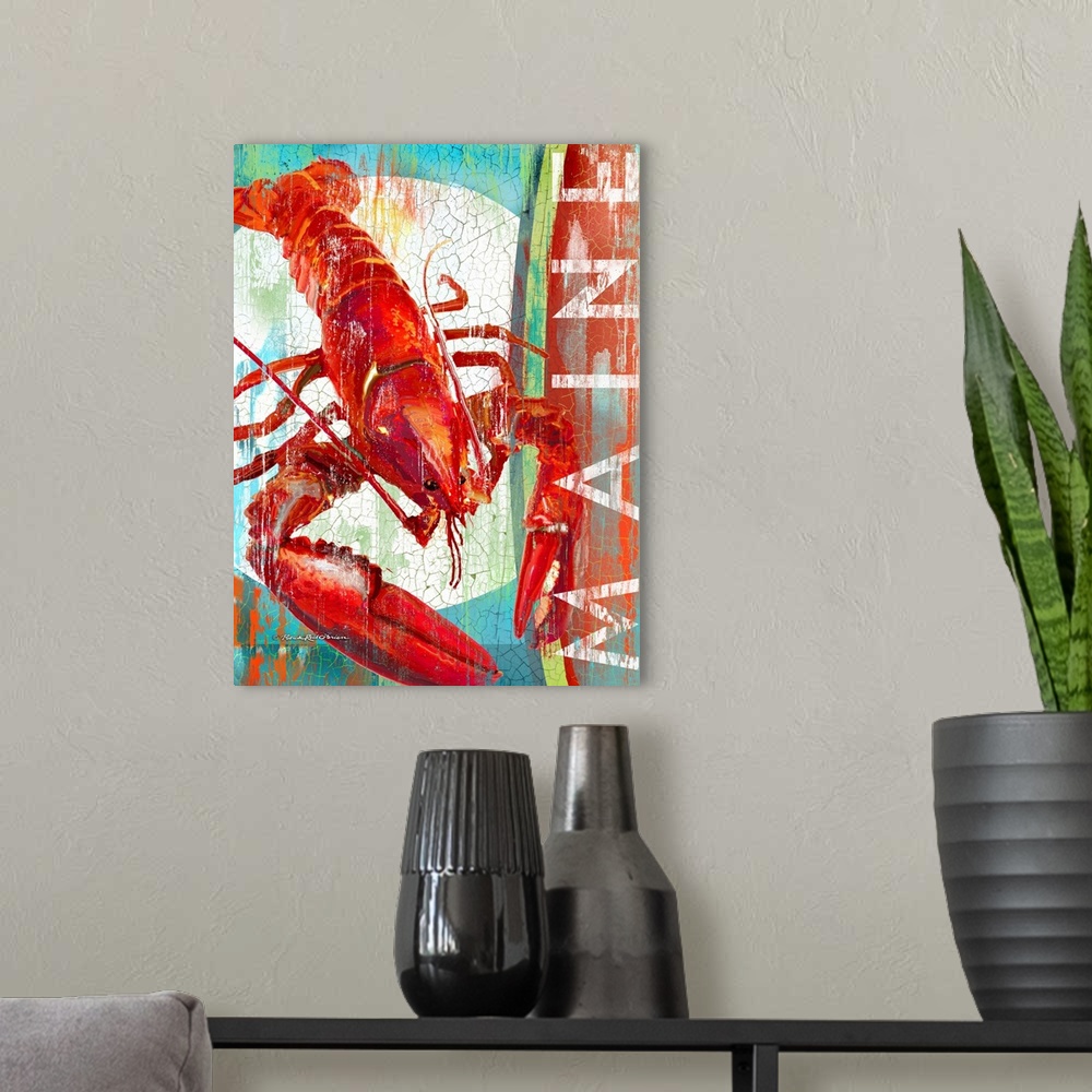 A modern room featuring A retro style painting of a cooked lobster on a white plate and the word Maine painted on a verti...