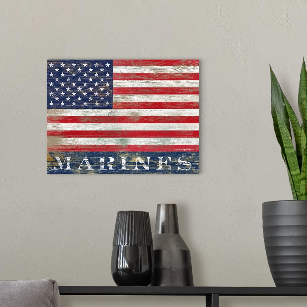A modern room featuring Marines Flag