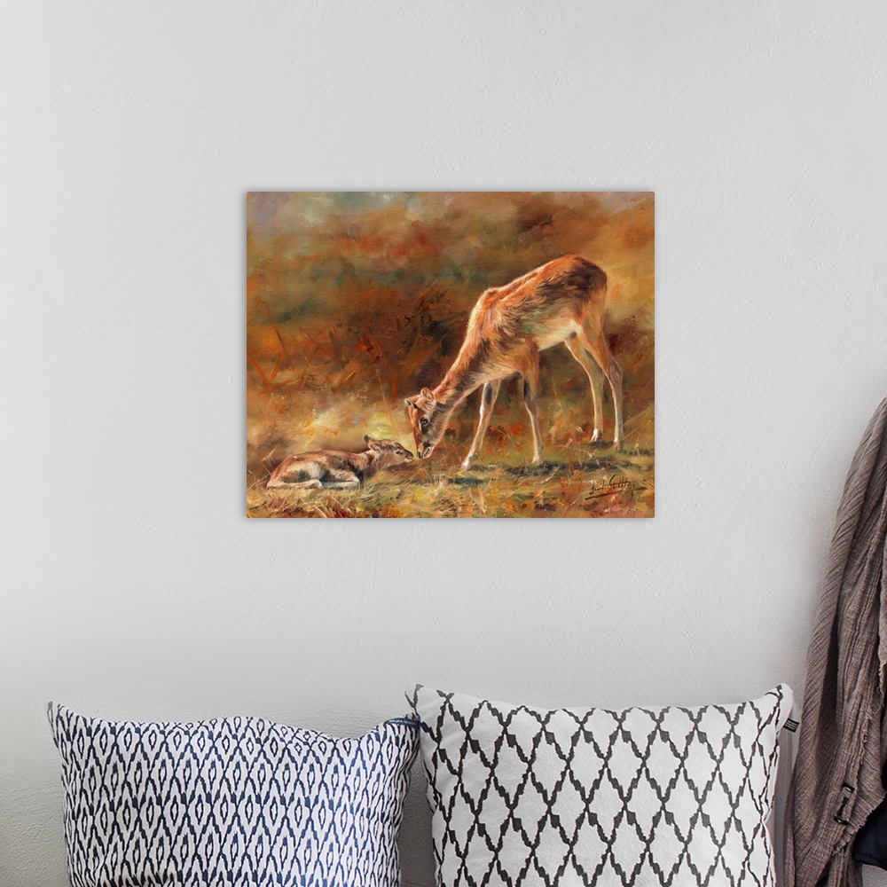 A bohemian room featuring Nile Lechwe and newborn. Originally oil on canvas.
