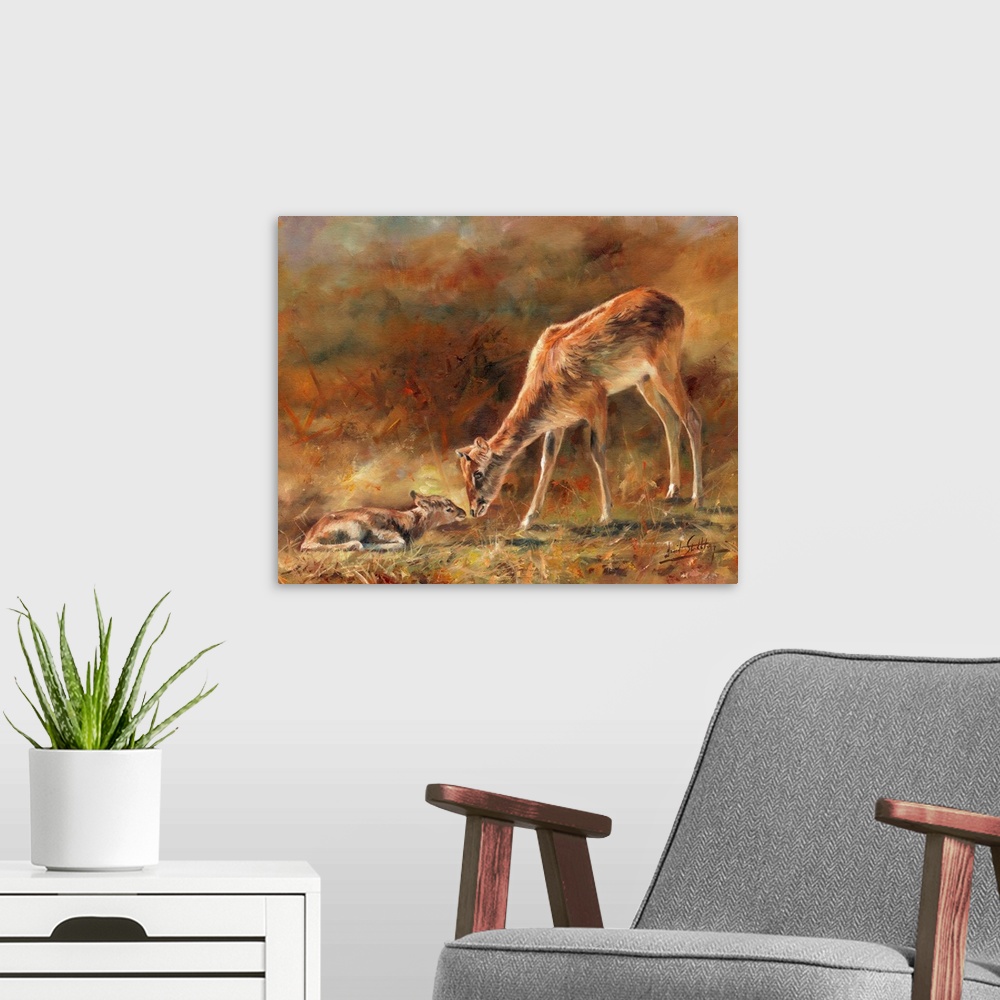 A modern room featuring Nile Lechwe and newborn. Originally oil on canvas.